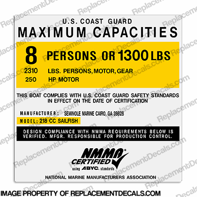 Seminole Marine 218 CC Sailfish Boat Capacity Decal - 8 person INCR10Aug2021