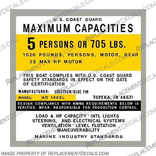 Spectrum Blue Fin HD 1400L Boat Capacity Decal - 5 Person spectrum, blue, fin, hd, 1400, 1400L, L, Boat, Capacity, Decal, Decals, 5, person, 705, pounds,