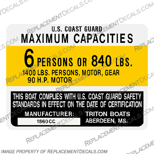 Triton 2004 CC Boat Capacity Decal - 6 person triton, 2004, cc, boat, capacity, plate, decal, sticker, 6, person, persons, 