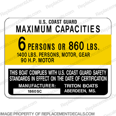 Triton 1860 SC Boat Capacity Decal - 6 person INCR10Aug2021