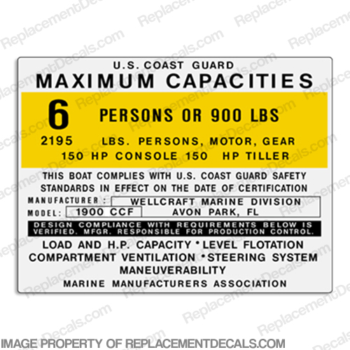 Wellcraft 1900 CCF Capacity Decal - 6 Person capacity, plate, sticker, decal, INCR10Aug2021
