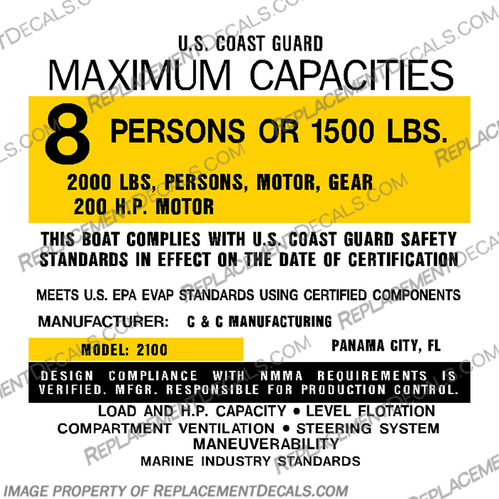 C&C Manufacturing 2100 Capacity Decal - 8 Person capacity, plate, sticker, decal, C&C, manufacturing, 2100, century, person, persons, 
