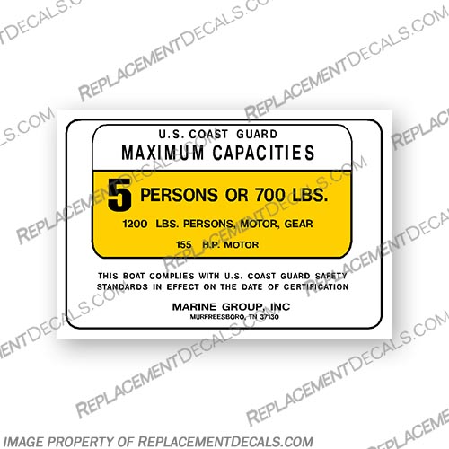 Marine Group, INC. 5 Person Capacity Decal  capacity, plate, sticker, decal, flat, bay, boat, marine, group, inc., 5, person, 