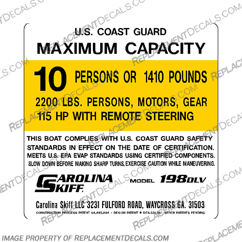 Carolina Skiff 198 DLV Decal - 10 Person carolina, skiff, boats, 198, dlv, 10, person, boat, capacity, decal, sticker, 198 dlv, 198dlv