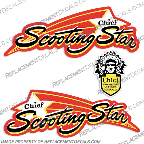 1940s Chief Scooting Star Scooter Decals 1940, 1941, 1942, 1943, 1944, 1945, 1946, 1947, 1948, 1949, 1940s, 1940s, chief, scooting, star, scooter, shooting, decal, decals, kit