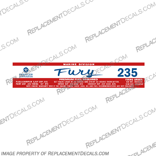 Chrysler Fury 235 Marine Division Decal outboard, engine, gas, fuel, tank, decal, sticker, replacement, new, chrystler, chrysler, 235, fury, marine, division,