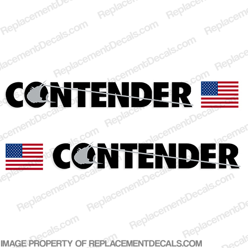 Contender Boat Logo Decals with Flag - 2 Color - Choose your Colors! *Shown in Black and Silver* contender, boat, logo, decal, with, flag, w, stickers, decals, any, color, 2, two, silver, black, set, of, 2, outboard, name. word, 