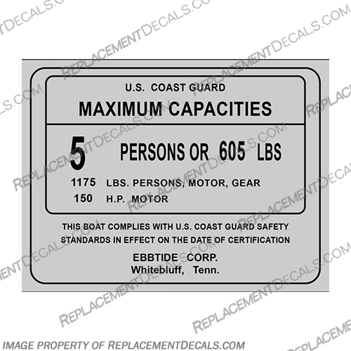 Ebbtide Boats Corp Capacity Decal 5 Persons 150 motor capacity, plate, sticker, decal, Ebbtide, Boats, Corp, 5, Person, 150, motor,