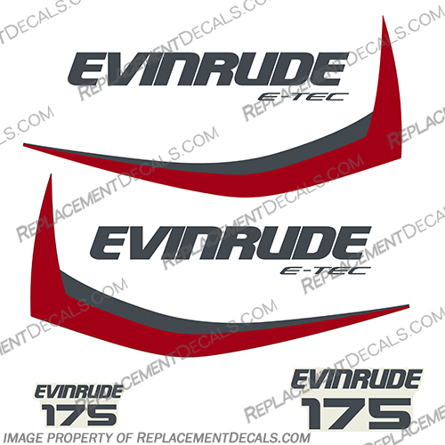 Evinrude 175hp E-Tec Decal Kit (Red / Dark Grey) - 2015+ evinrude, 175, 175hp, e-tec, etec, outboard, decal, kit, stickers, set, red, dark, grey, custom, color, engine, boat, 2015, and, up, 2016, 2017, 2018