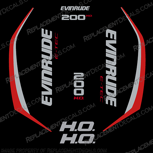 Evinrude 200hp High Output G2 E-Tec Decal Kit ( Red / Grey ) - 2014-2019 evinrude, decals, 200, hp, 200hp, e-tec, 2015, g2, outboard, cowl stickers, red, stickers, kit, 2014, 2015, 2016, 2017, 2018, 2019, 2015+, red, grey, red/grey, gray,