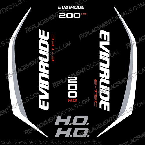 Evinrude 200hp High Output G2 E-Tec Decal Kit (White/Grey) - 2014-2019 evinrude, decals, 200, hp, 200hp, e-tec, 2015, g2, outboard, cowl stickers, red, stickers, kit, 2014, 2015, 2016, 2017, 2018, 2019, 2015+, white, grey, white/grey,