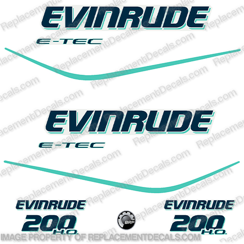 Evinrude 200hp H.O. High Output E-TEC Outboard Decal Kit - Aqua etec, 200, evinrude, e, tec, e-tec, outboard, motor, engine, high, output, decal, set, sticker, kit, 