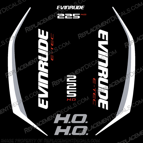 Evinrude 225hp High Output G2 E-Tec Decal Kit (White/Grey) - 2014-2019 evinrude, decals, 225, hp, 225hp, e-tec, 2015, g2, outboard, cowl stickers, red, stickers, kit, 2014, 2015, 2016, 2017, 2018, 2019, 2015+, white, grey, white/grey,