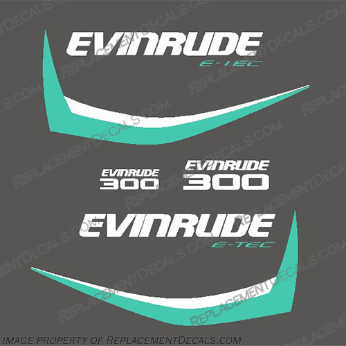 Evinrude 300hp G1 E-Tec Decal Kit (Aqua/White) - 2014-2016 evinrude, 300, 300hp, hp, e-tec, etec, 2014, 2015, 2016,  g1, generation, outboard, engine, motor, decal, sticker, kit, set, aqua, white, decals, stickers, 