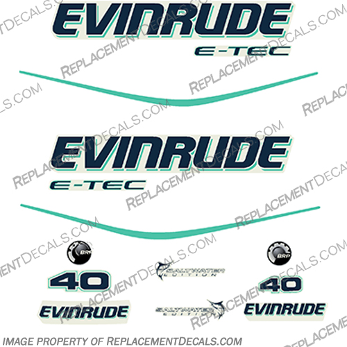 Evinrude 40hp E-Tec Decal Kit - Aqua evinrude, 40hp, 50hp, 60hp, outboard, engine, motor, decal, sticker, kit, set, 40, 50, 60, 2013, 2014, 2015, 2016, 2017, 2018, evinrude 40 50 60 aqua, E40DGTLAGA