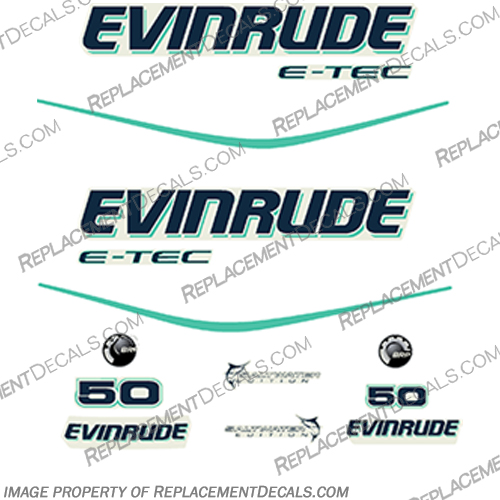 Evinrude 50hp E-Tec Decal Kit - Aqua evinrude, 40hp, 50hp, 60hp, outboard, engine, motor, decal, sticker, kit, set, 40, 50, 60, 2013, 2014, 2015, 2016, 2017, 2018, evinrude 40 50 60 aqua E40DGTLAGA