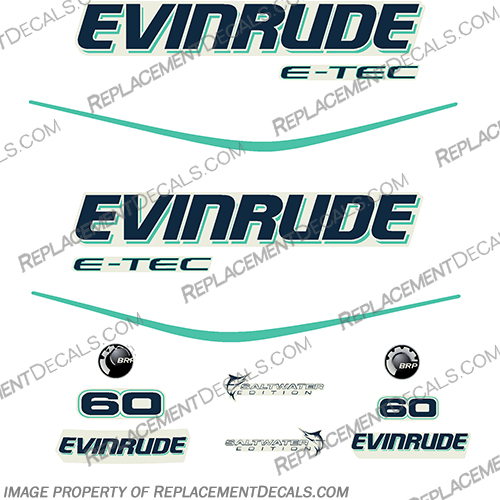 Evinrude 60hp E-Tec Decal Kit - Aqua evinrude, 40hp, 50hp, 60hp, outboard, engine, motor, decal, sticker, kit, set, 40, 50, 60, 2013, 2014, 2015, 2016, 2017, 2018, evinrude 40 50 60 aqua, E40DGTLAGA