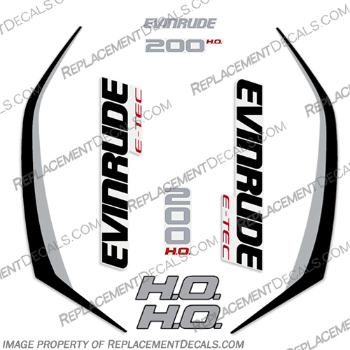 Evinrude 200hp High Output G2 E-Tec Decal Kit (Silver / Black) - 2014-2019 evinrude, decals, 200, hp, 200hp, e-tec, 2015, g2, outboard, cowl stickers, red, stickers, kit, 2014, 2015, 2016, 2017, 2018, 2019, Silver, Black, Silver/Black, Silver / Black