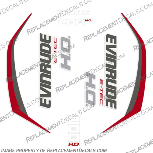 Evinrude 200hp High Output G2 E-Tec Decal Kit (Red / White Numbers) - 2014-2019 evinrude, decals, 200, hp, e-tec, 2015, g2, outboard, cowl stickers, red, stickers, kit, 2014, 2015, 2016, 2017, 2018, 2019, 225hp, Red, White, Number, Numbers, Letter, Red/White