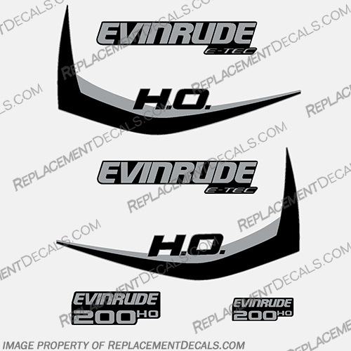 Evinrude 200hp High Output E-Tec Decal Kit (Black) - 2011-2014 evinrude, 200, 200hp, hp, e-tec, etec, 2014, 2011, 2012, 2013, g1, generation, outboard, engine, motor, decal, sticker, kit, set, red, decals, stickers, high, output, ho, 