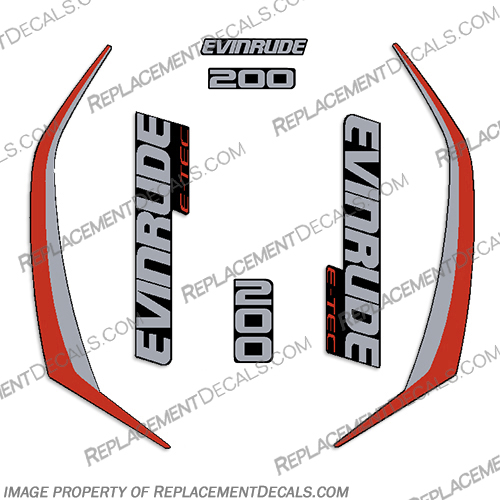 Evinrude 200hp G2 E-Tec Decal Kit (Red) - 2014-2019 evinrude, decals, 200, hp, e-tec, 2015, g2, outboard, cowl stickers, red, stickers, kit, 2014, 2016, black, silver, boat, engine, 2015, 225hp, 