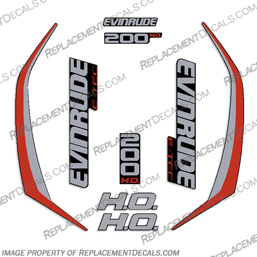 Evinrude 200hp High Output G2 E-Tec Decal Kit (Red) - 2014-2019 evinrude, decals, 200, hp, e-tec, 2015, g2, outboard, cowl stickers, red, stickers, kit, 2014, 2016, black, silver, boat, engine, 2015, 200hp, high output,