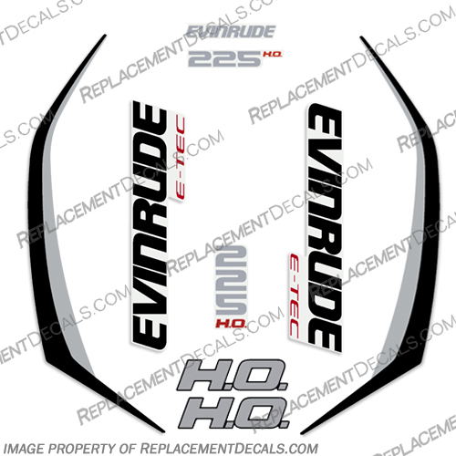 Evinrude 225hp High Output G2 E-Tec Decal Kit (Silver / Black) - 2014-2019 evinrude, decals, 225, hp, 225hp, e-tec, 2015, g2, outboard, cowl stickers, red, stickers, kit, 2014, 2015, 2016, 2017, 2018, 2019, Silver, Black, Silver/Black, Silver / Black