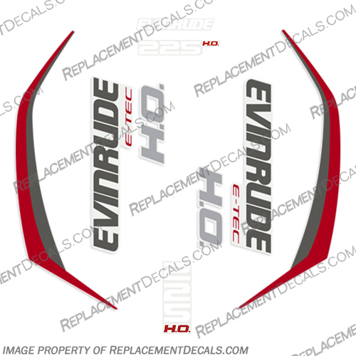Evinrude 225hp High Output G2 E-Tec Decal Kit (Red / White Numbers) - 2014-2019 evinrude, decals, 225, hp, e-tec, 2015, g2, outboard, cowl stickers, red, stickers, kit, 2014, 2015, 2016, 2017, 2018, 2019, 225hp, Red, White, Number, Numbers, Letter, Red/White