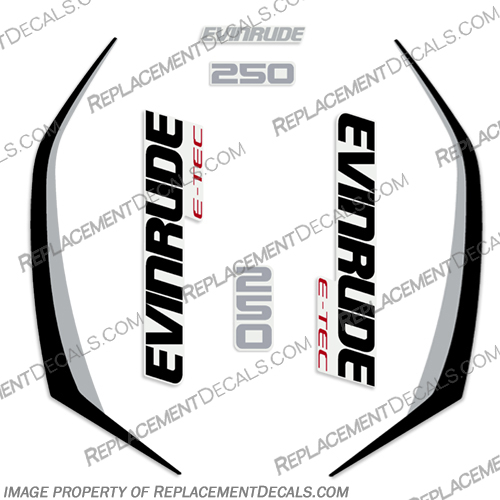Evinrude 250hp G2 E-Tec Decal Kit (Silver / Black) - 2014-2019 evinrude, decals, 250, hp, e-tec, 2015, g2, outboard, cowl stickers, red, stickers, kit, 2014, 2016, black, silver, boat, engine, dark, greay, dark grey, 2015, 