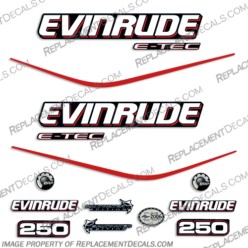 Evinrude 250hp E-Tec Decal Kit - Black Cowl evinrude, decals, 250, 250hp, hp, e-tec, etec, saltwater, edition, black, cowl, 2004, 2005, 2006, 2007, 2008, 2009, decal, sticker, kit, set,