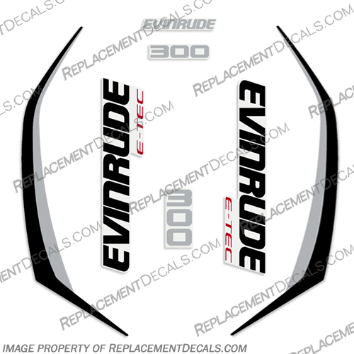 Evinrude 300hp G2 E-Tec Decal Kit (Silver / Black) - 2014-2019 evinrude, decals, 300, hp, e-tec, 2015, g2, outboard, cowl stickers, red, stickers, kit, 2014, 2016, black, silver, boat, engine, dark, greay, dark grey, 2015, 