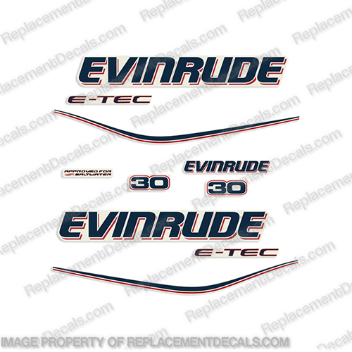 Evinrude 30hp E-Tec Decal Kit  evinrude, decals, 30, hp, e-tec, 2009, 2010, 2011, 2012, 2013, outboard, motor, stickers