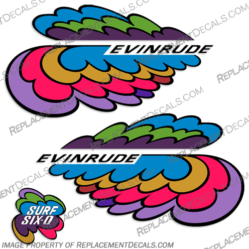 Evinrude 60hp Surf Six-O Decal Kit - 1971 evinrude, 60, 60hp, 60 hp, surf, six-o, decals, decal, kit, stickers, set, boat, outboard, vintage, 1971, 71, motor, 