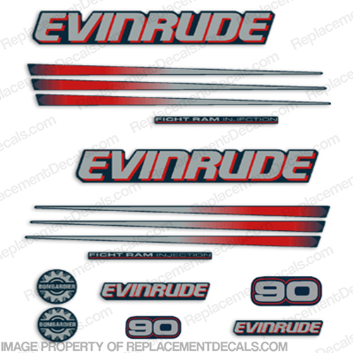 Evinrude 90hp Bombardier Decal Kit - Blue Cowl  Evinrude, 90, 90hp, 90 hp, silver, blue, bombardier, INCR10Aug2021