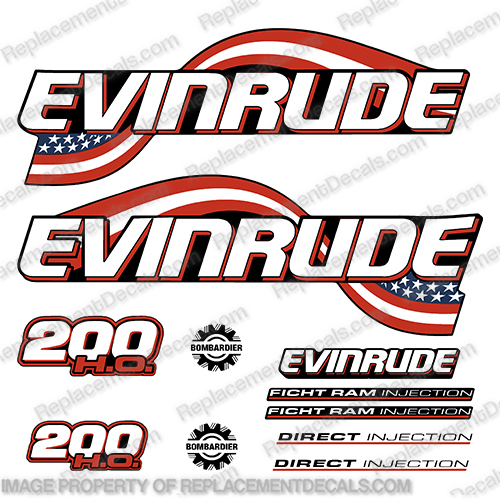 Evinrude 200hp HO Flag Series Decals - 2003 - 2005  evinrude, flag, 200hp, ho, high, output, 200, outboard, motor, engine, decal, sticker, kit, set, h.o.