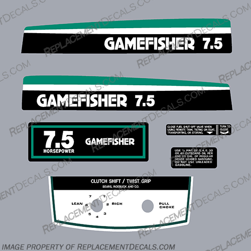 Gamefisher 1976 7.5hp Outboard Decal Kit game, fisher, gamefisher, 1976, 7.5, 7.5hp, hp, horsepower, horse, power, outboard, decal, decals kit