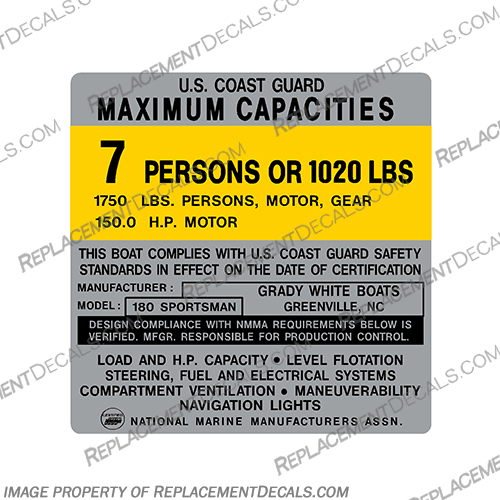 Grady White Sportsman 7 Person Boat Capacity Decal  Grady, White, Sportsman, Sports, man, 7, person, people, boat, capacity, decal, decals,