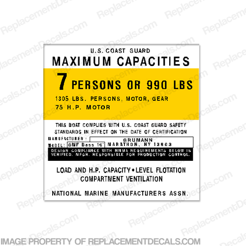 Grumman GMF Bass 16 7 Person Boat Capacity Plate Decal capacity, plate, sticker, decal, INCR10Aug2021