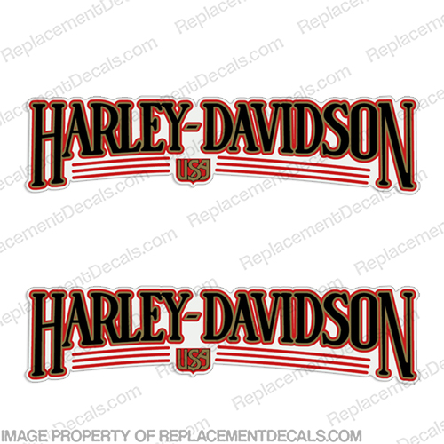 Harley-Davidson Heritage Softail Decals 1986-1989 Red/Black/Gold (Set of 2)  Harley, Davidson, Harley Davidson, soft, tail, 1986, 1989, softail, soft-tail, harley-davidson, gold, red, black, tank, fuel, decal, sticker, emblem, logo, INCR10Aug2021