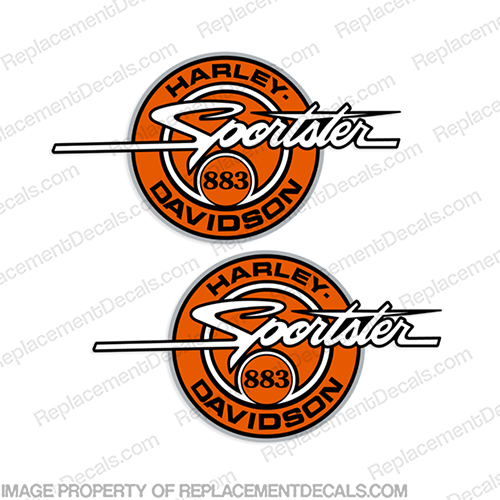 Harley-Davidson Sportster 883 Decals - Style 1  (Set of 2) Harley, Davidson, round, logo, decal, orange, INCR10Aug2021