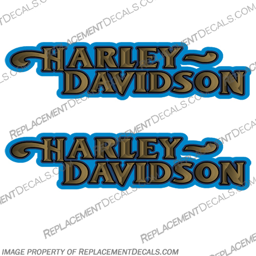 Harley-Davidson Fuel Tank Motorcycle Decals (Set of 2) - Style 15 - Blue/Gold harley, harley davidson, harleydavidson, style, 15, blue, gold, motorcycle, decals, decal, stickers, set, of, 2, vintage, bike, streetbike, 