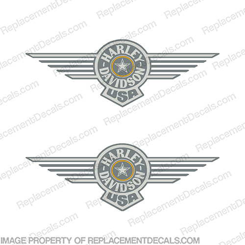 Harley-Davidson Fuel Tank Motorcycle Decals 1990 model (Set of 2) - Fatboy with yellow ring harley, harley davidson, harleydavidson, fatboy, fat boy, fat, boy, grey, yellow, emblem, decal, sticker, 1990, 90, 90, 90s, INCR10Aug2021
