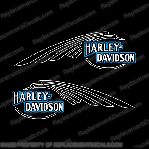 Harley-Davidson FXSTC Softail Decals White / Blue (Set of 2) - Fuel Tank  Harley-Davidson, fxstc, Decals,  silver, (Set of 2), 14471, Harley, Davidson, Harley Davidson, soft, tail, 1995, 1996, 96, softtail, soft-tail, softail, harley-davidson, Fuel, Tank, Decal, 2009, White, INCR10Aug2021