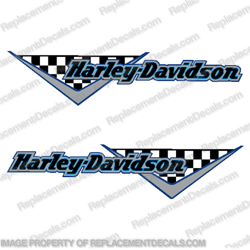 Harley Davidson Checkered SILVER and BLUE Gas Tank Decals (Set of 2)  harley, harley davidson, harleydavidson, check, INCR10Aug2021, checkered