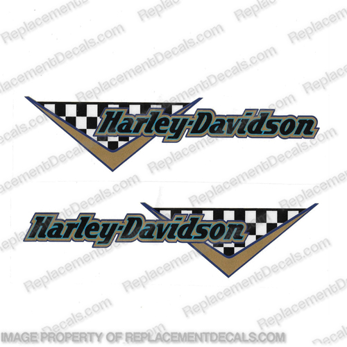 Harley Davidson Checkered GOLD and BLUE Gas Tank Decals (Set of 2)   harley, harley davidson, harleydavidson, check, INCR10Aug2021, checkered, motorcycle, bike, racing, tank, decal, sticker, kit, set