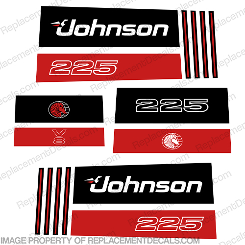 Johnson 225hp V8 Sea Horse Decals - Early 1990s 225, sea, horse, seahorse, 1990, 1991, 1992,1 993, 1994, 1995, 19996, 1997,  hp, outboard motor, tiller, engine, v8 decal, sticker, kit, set, INCR10Aug2021