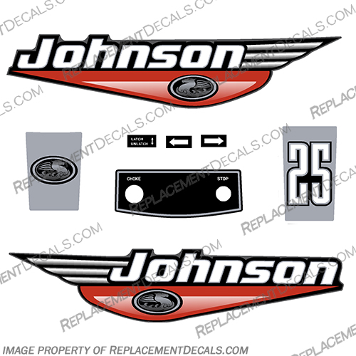 Johnson 25hp Decals - 1999 - 2000 (Red)  johnson, 25, hp, 25hp, 99, 1999, 2000, red, outboard, motor, engine, decal, sticker, kit, set, decals, 