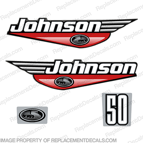 Johnson 1999-2000 50hp Outboard Engine Decals - Red 50, hp, horsepower, 1999, 1998, 2000, 2001, 50hp, outboard, engine, decal, sticker, decals, stickers, kit, set, motor, boat, graphics, INCR10Aug2021