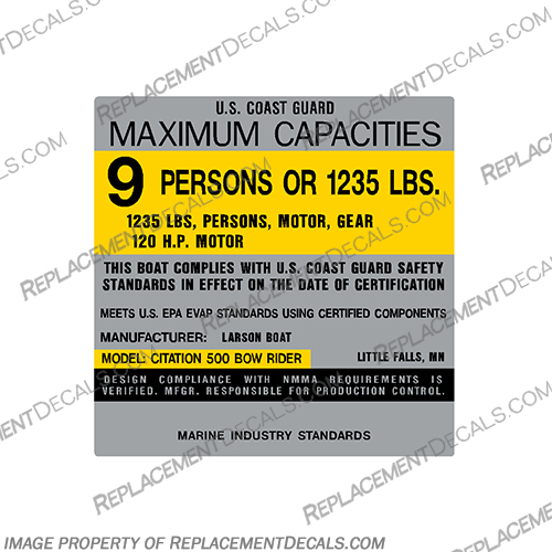 Larson Boats 500 Bow Rider Capacity Decal - 9 Person capacity, plate, sticker, decal, larson, boats, boat, 500, bow, rider, 9, person,