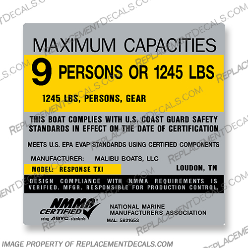 Malibu Boats Response TXI Boat Capacity Decal 9 Person Malibu, Boat, boats, response, TXI, Capacity, decal, 9, person, people, 